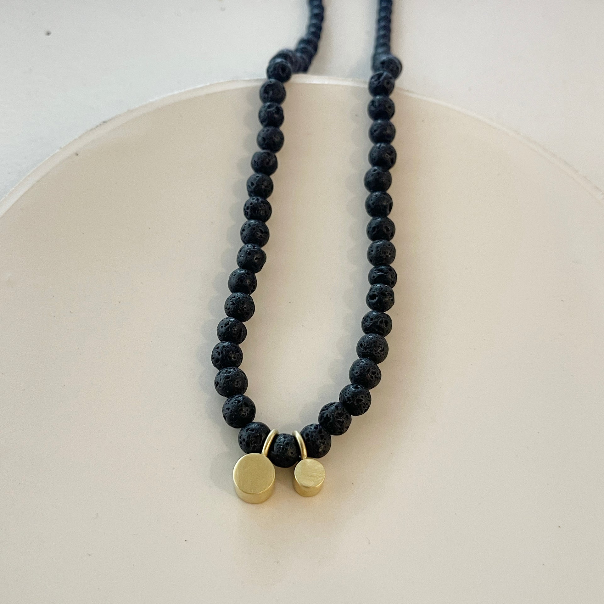 BLACK LAVE BEADS NECKLACE W/CYLINDER PENANTS