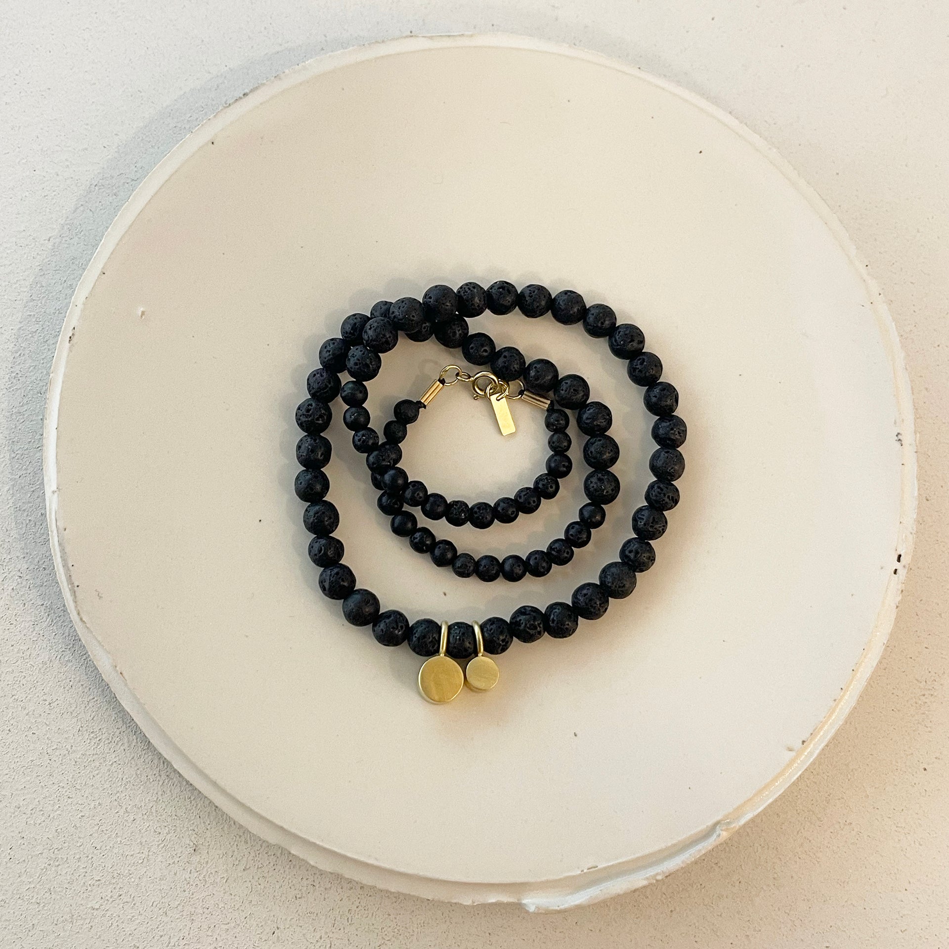BLACK LAVE BEADS NECKLACE W/CYLINDER PENANTS
